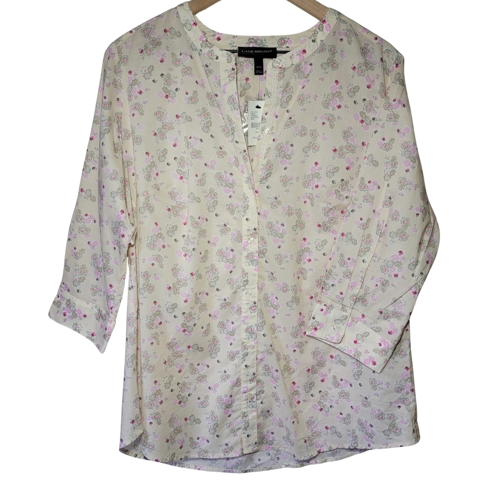 Lane Bryant Cream Blouse with Pink Floral Button Down 3/4 Sleeve Size 14/16